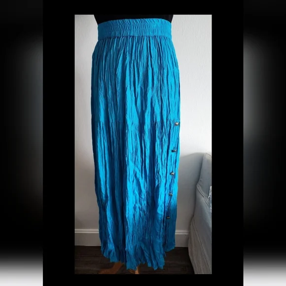 #157 Vintage Crazy Cowgirl Turqouise Maxi Skirt Sz M Country Western Buttons - Picture 2 of 9